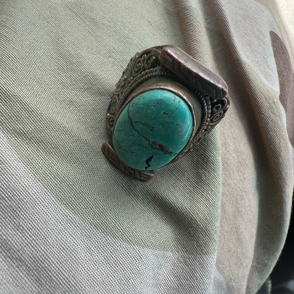 Turquoise Statement Ring - Oval Blue-Green Gemstone in Ornate Silver Setting